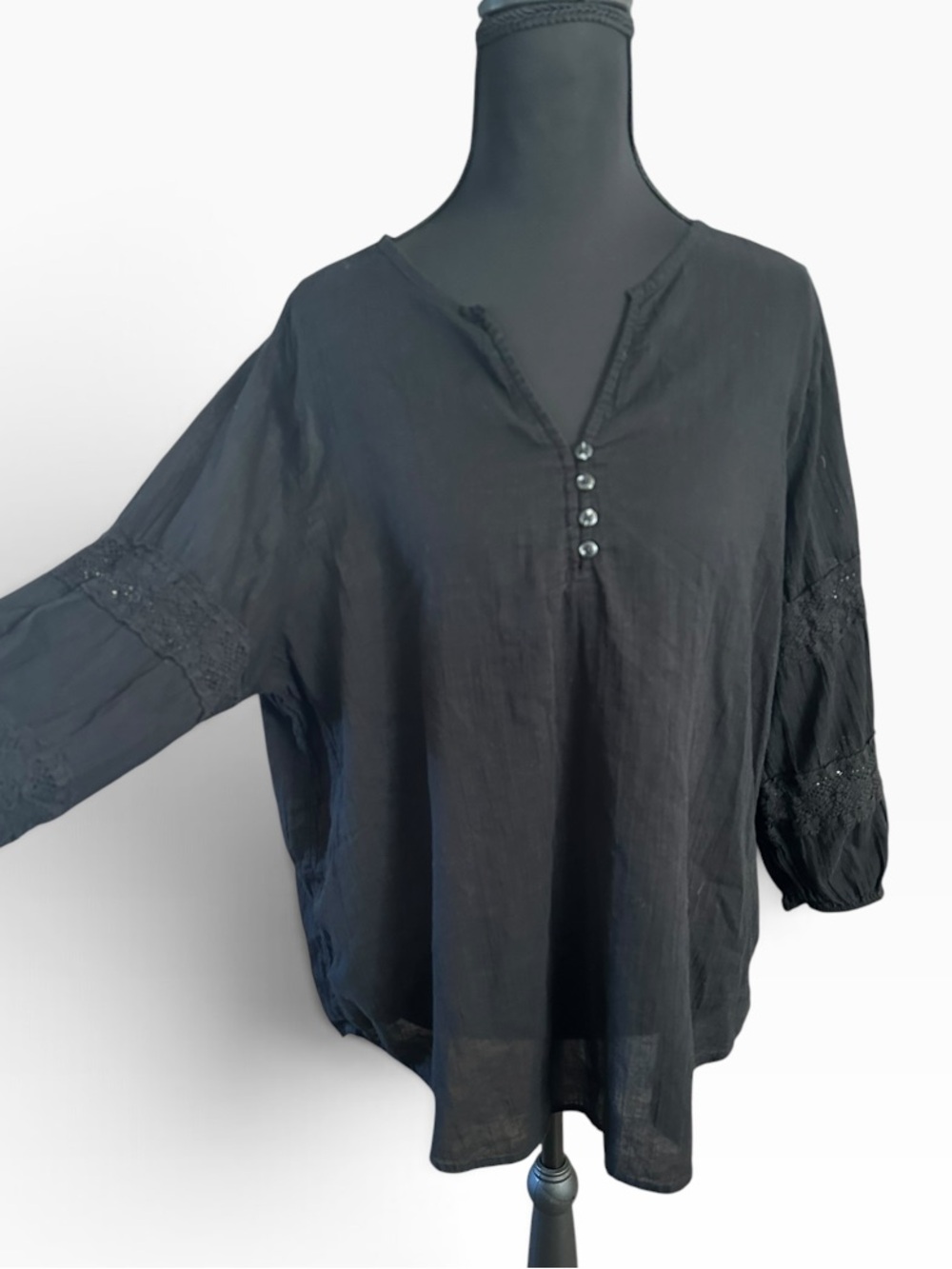 Black Liz Claiborne Women's Button-Front Peasant Blouse
